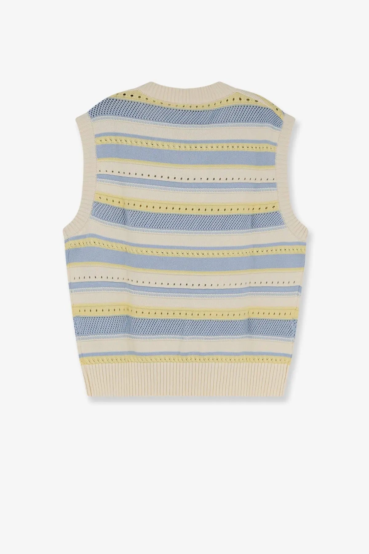 Dunst women’s unisex sleeveless cotton sweater in cream with soft blue and pale yellow horizontal stripes and ribbed details