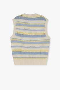 Dunst women’s unisex sleeveless cotton sweater in cream with soft blue and pale yellow horizontal stripes and ribbed details
