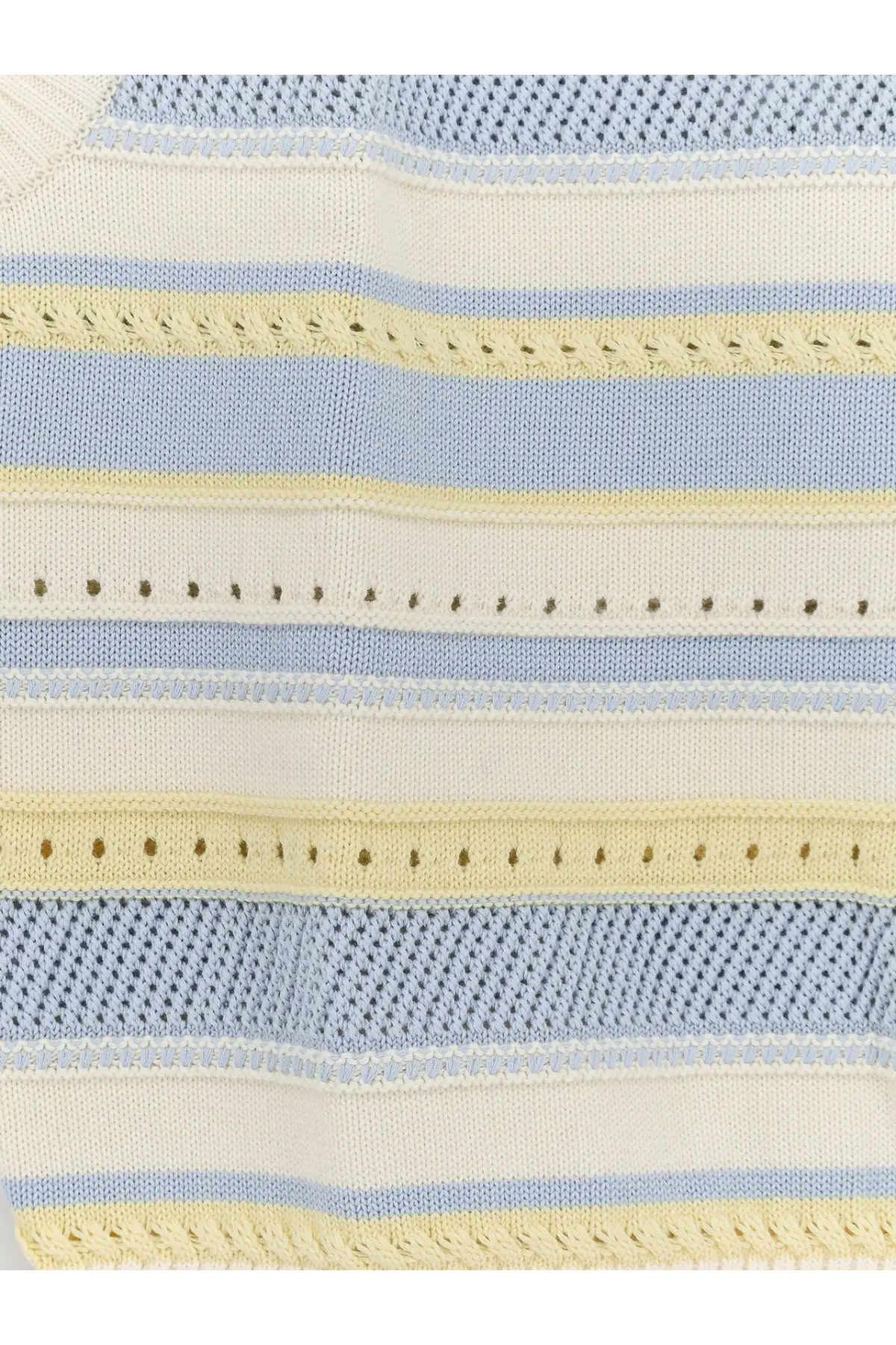 DUNST women’s unisex sleeveless cotton sweater white with soft blue cream and pale yellow stripes and lace edges