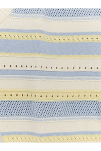 DUNST women’s unisex sleeveless cotton sweater white with soft blue cream and pale yellow stripes and lace edges