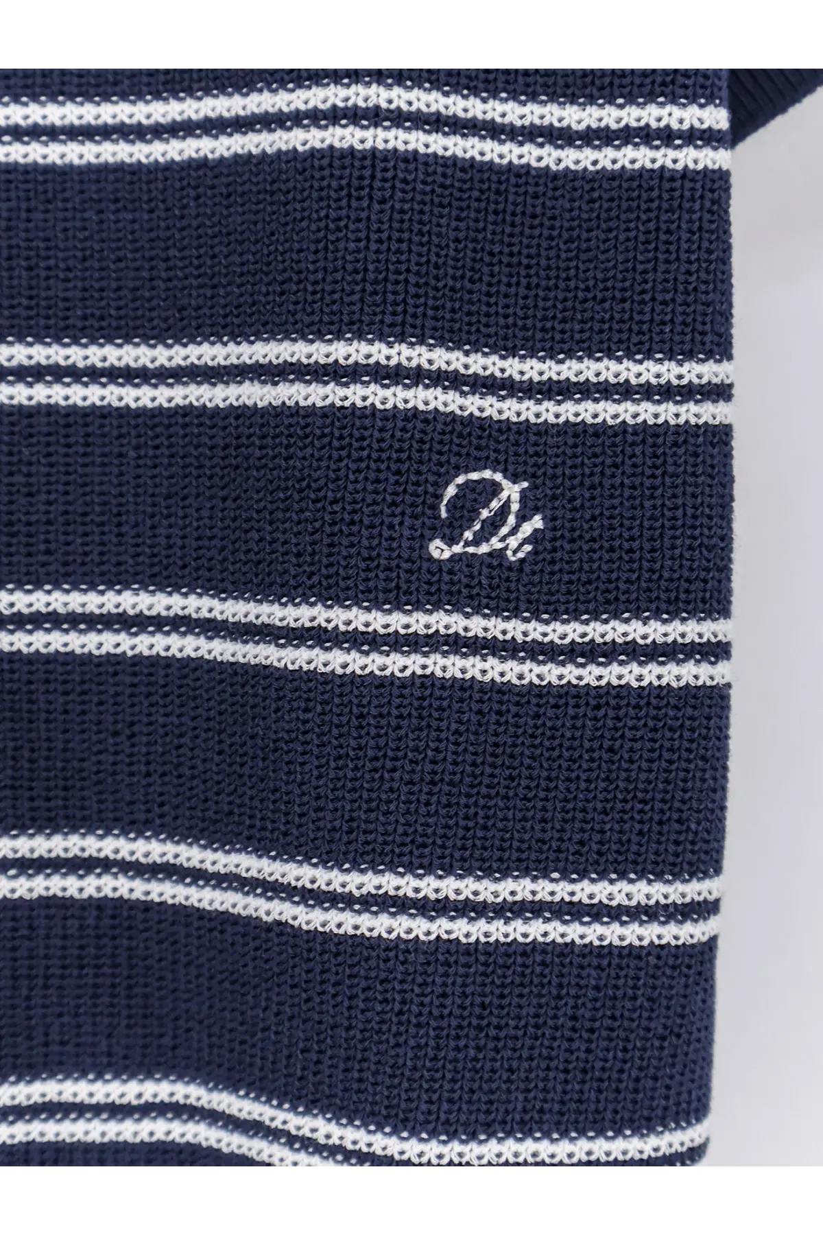 Navy blue knit DUNST women’s unisex striped cotton blend polo shirt with white horizontal stripes and small logo