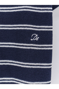 Navy blue knit DUNST women’s unisex striped cotton blend polo shirt with white horizontal stripes and small logo