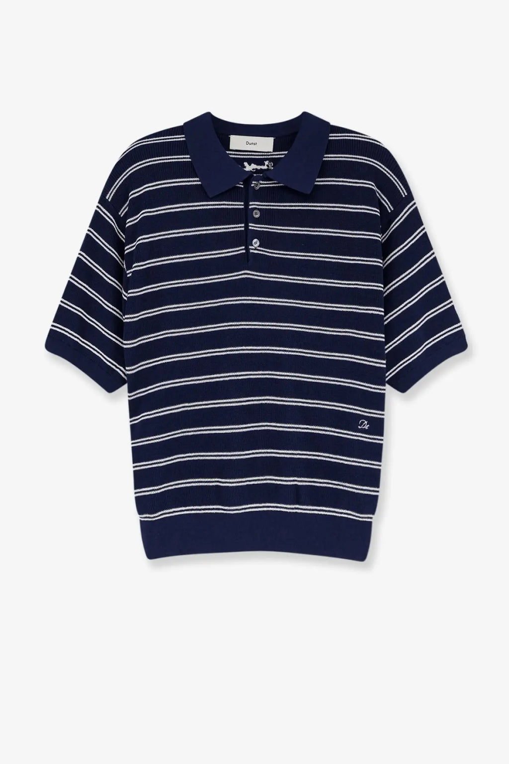 Dunst women’s unisex striped cotton blend polo shirt in navy blue and white with ribbed collar cuffs and hem