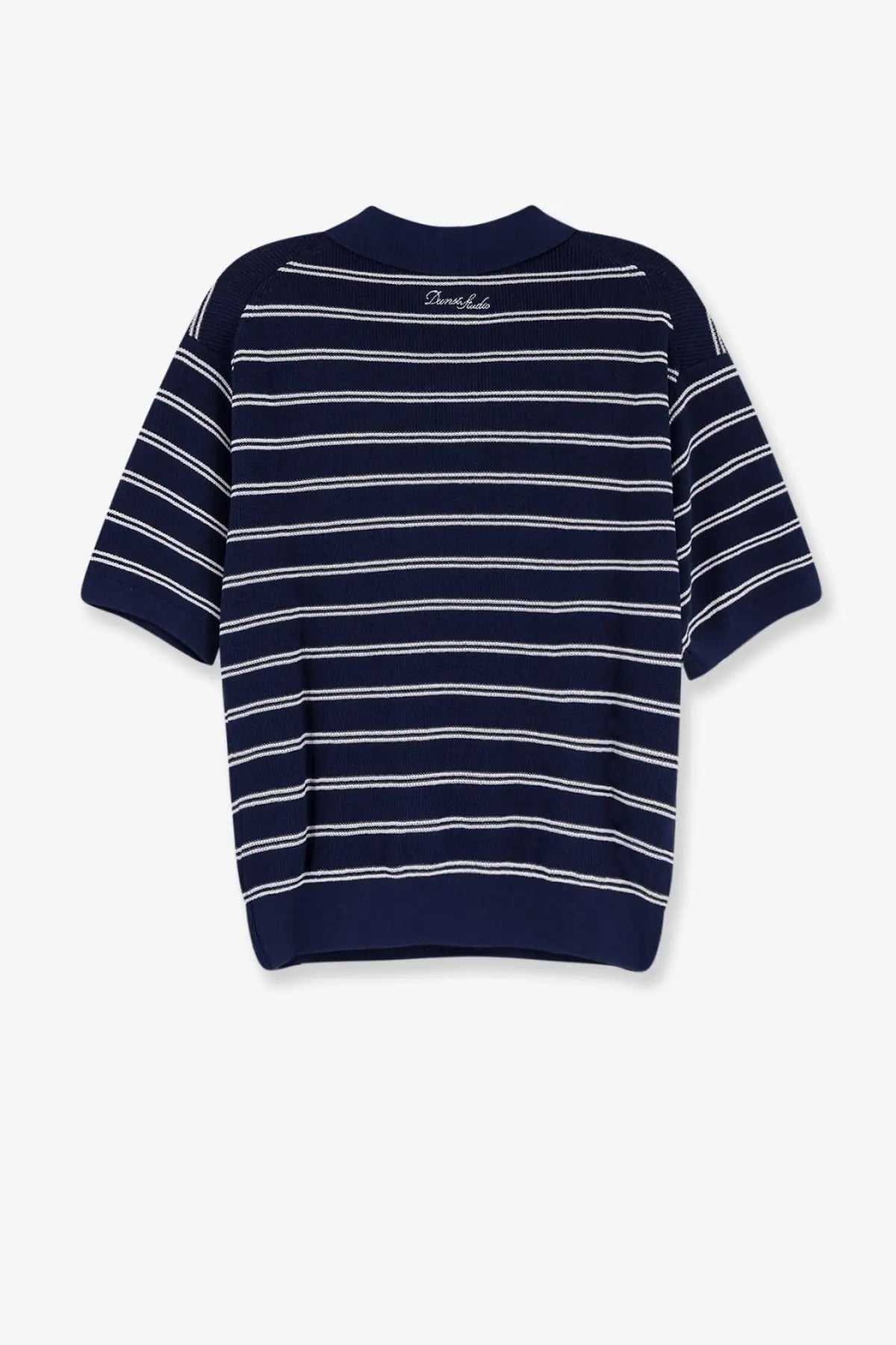 Navy blue and white striped knit short-sleeved polo shirt with ribbed collar and cuffs in cotton blend by DUNST