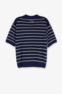 Navy blue and white striped knit short-sleeved polo shirt with ribbed collar and cuffs in cotton blend by DUNST