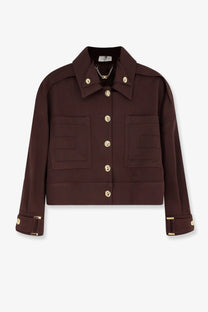 Elisabetta Franchi women’s dark brown cropped viscose jacket with gold-tone buttons flap pockets and structured collar