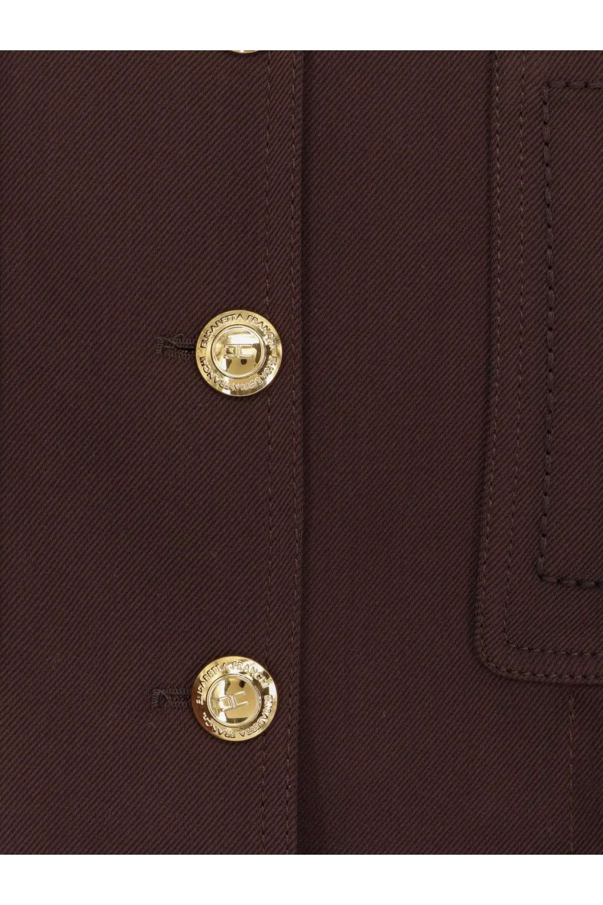 Gold-tone circular buttons engraved burberry branding on dark brown textured fabric of elisabetta franchi cropped viscose jacket