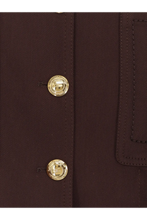 Gold-tone circular buttons engraved burberry branding on dark brown textured fabric of elisabetta franchi cropped viscose jacket