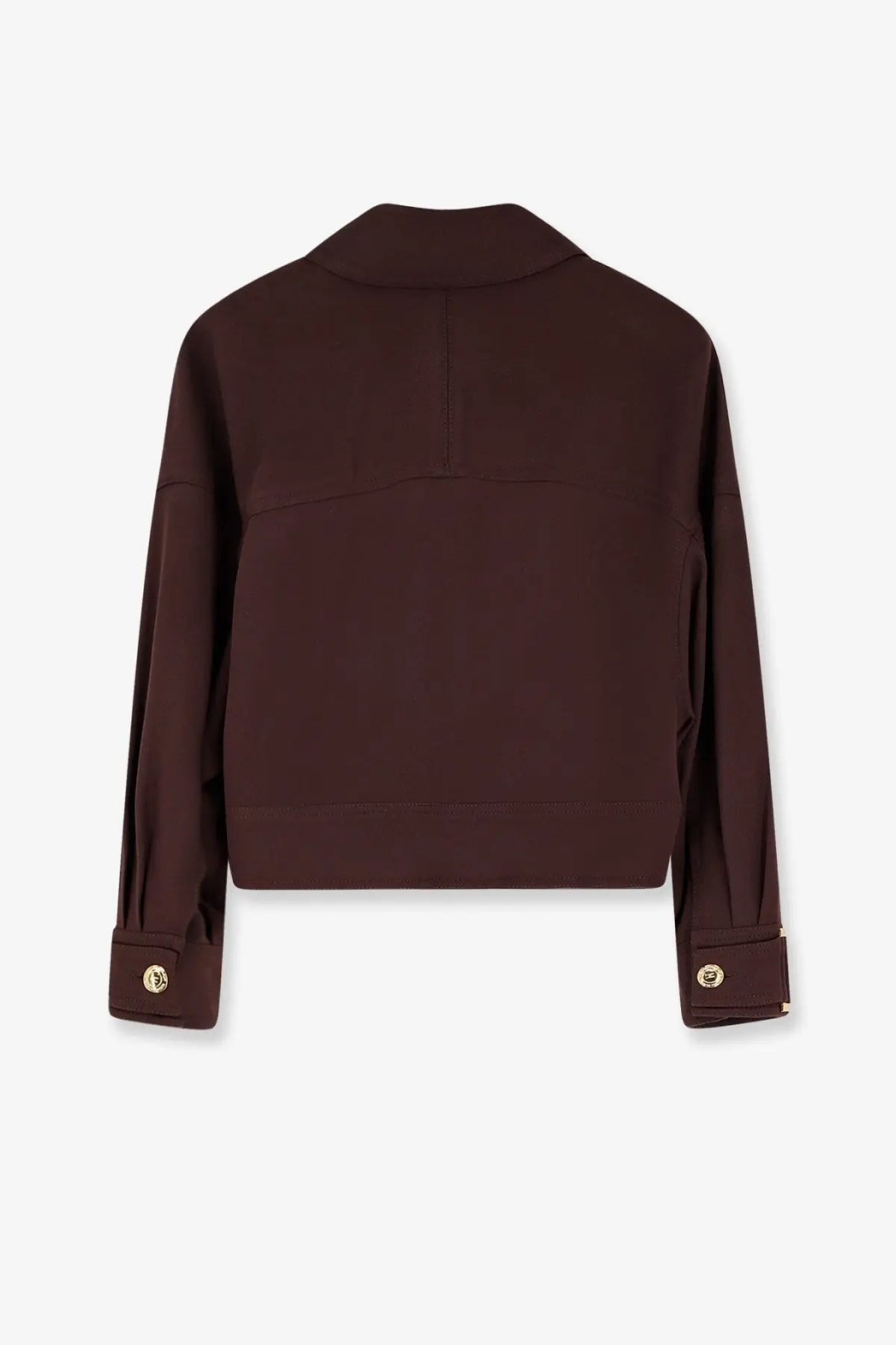 Elisabetta Franchi women’s dark brown cropped viscose jacket with long sleeves and gold-toned button cuffs