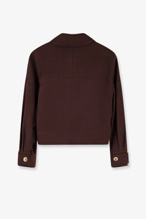 Elisabetta Franchi women’s dark brown cropped viscose jacket with long sleeves and gold-toned button cuffs