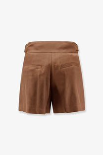 Brown pleated Elisabetta Franchi womens daily linen and viscose shorts with fitted waistband and two back pockets back view