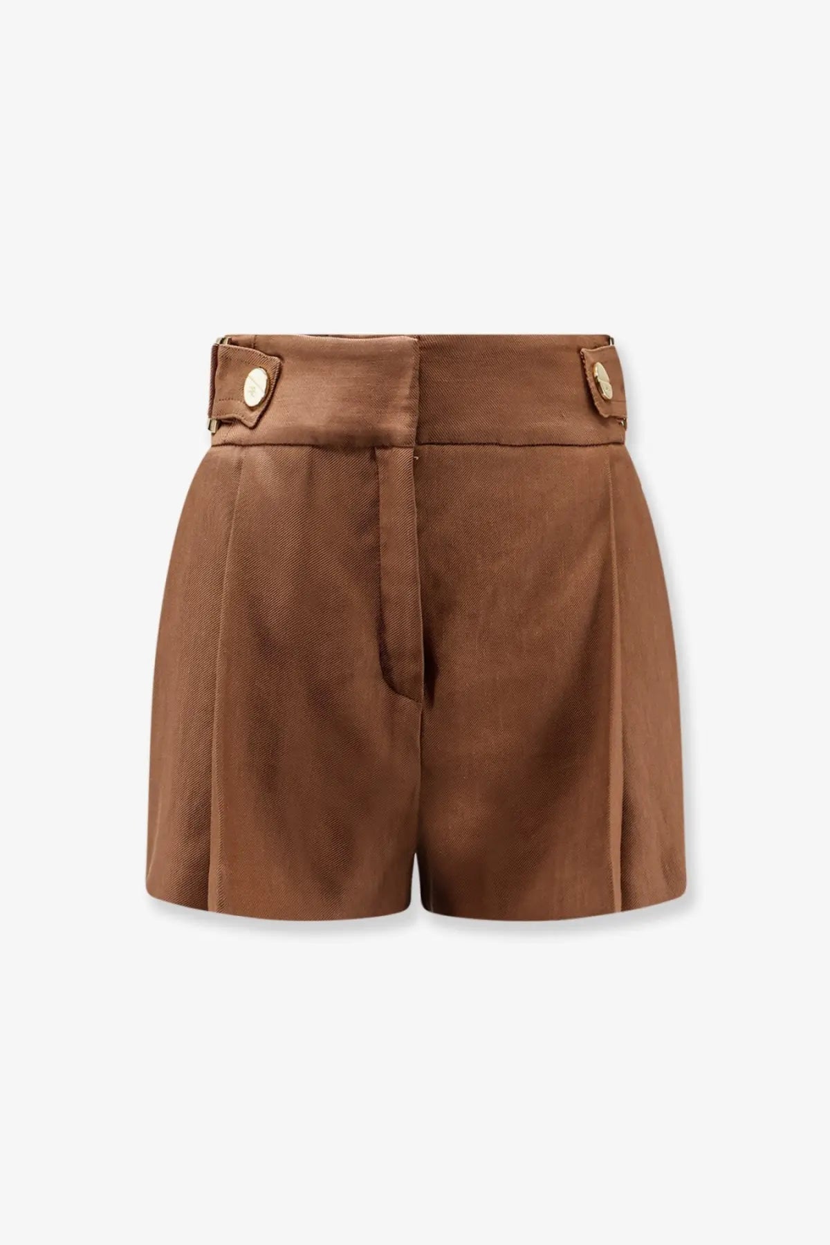 Elisabetta franchi women’s brown high-waisted satin finish shorts with gold button accents on waistband