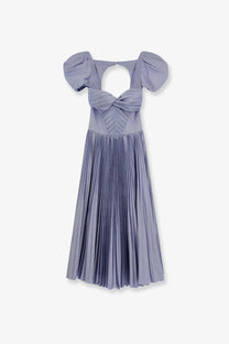 Elisabetta Franchi women’s daily pleated lavender midi dress with puffed sleeves and bow neckline detail