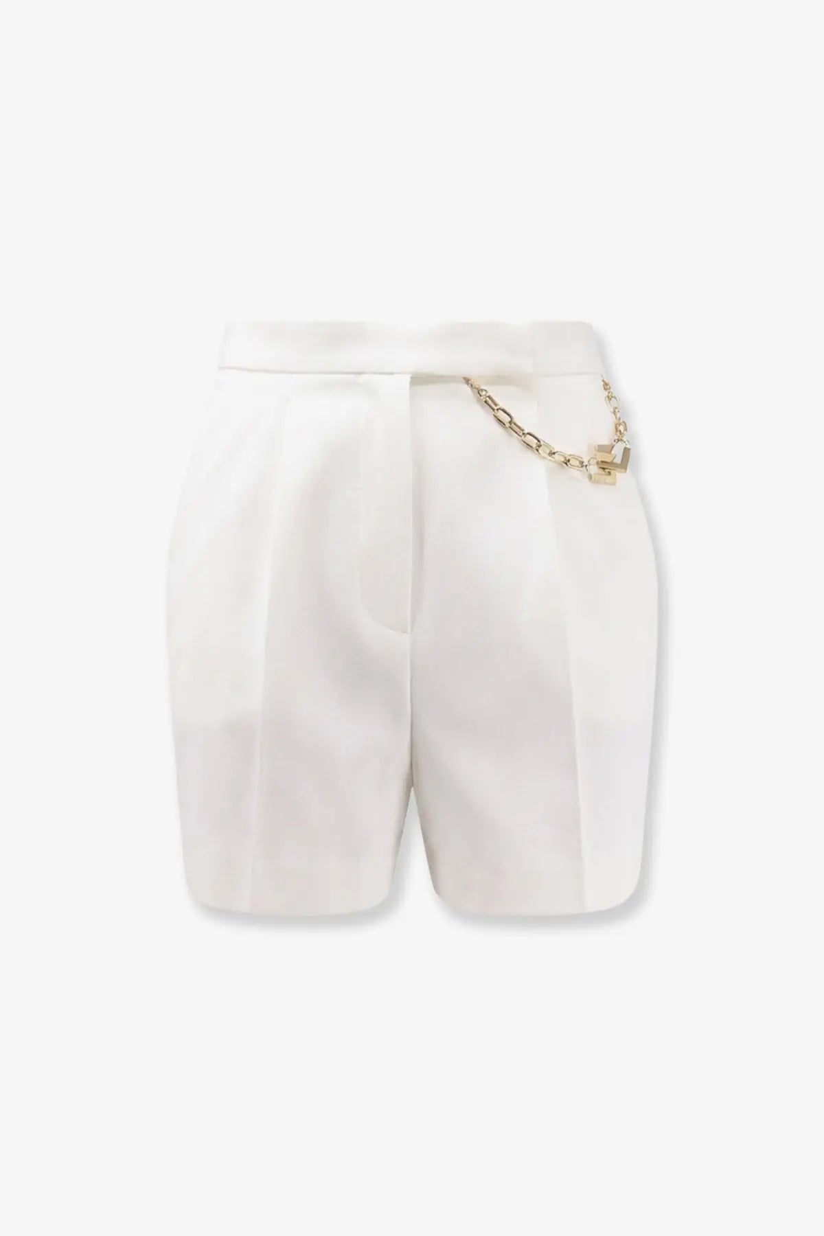 Elisabetta franchi women’s daily white satin shorts with gold chain belt detail close up