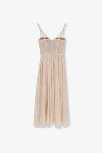 Elisabetta Franchi women’s events lace dress white in beige with thin straps and flowing sheer midi skirt