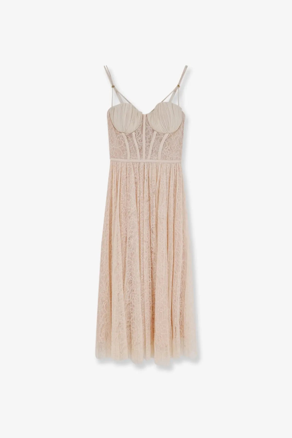 Elisabetta Franchi women’s events lace dress white midi beige with delicate lace fitted bodice and thin spaghetti straps