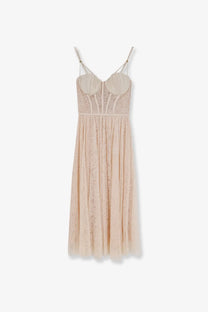 Elisabetta Franchi women’s events lace dress white midi beige with delicate lace fitted bodice and thin spaghetti straps