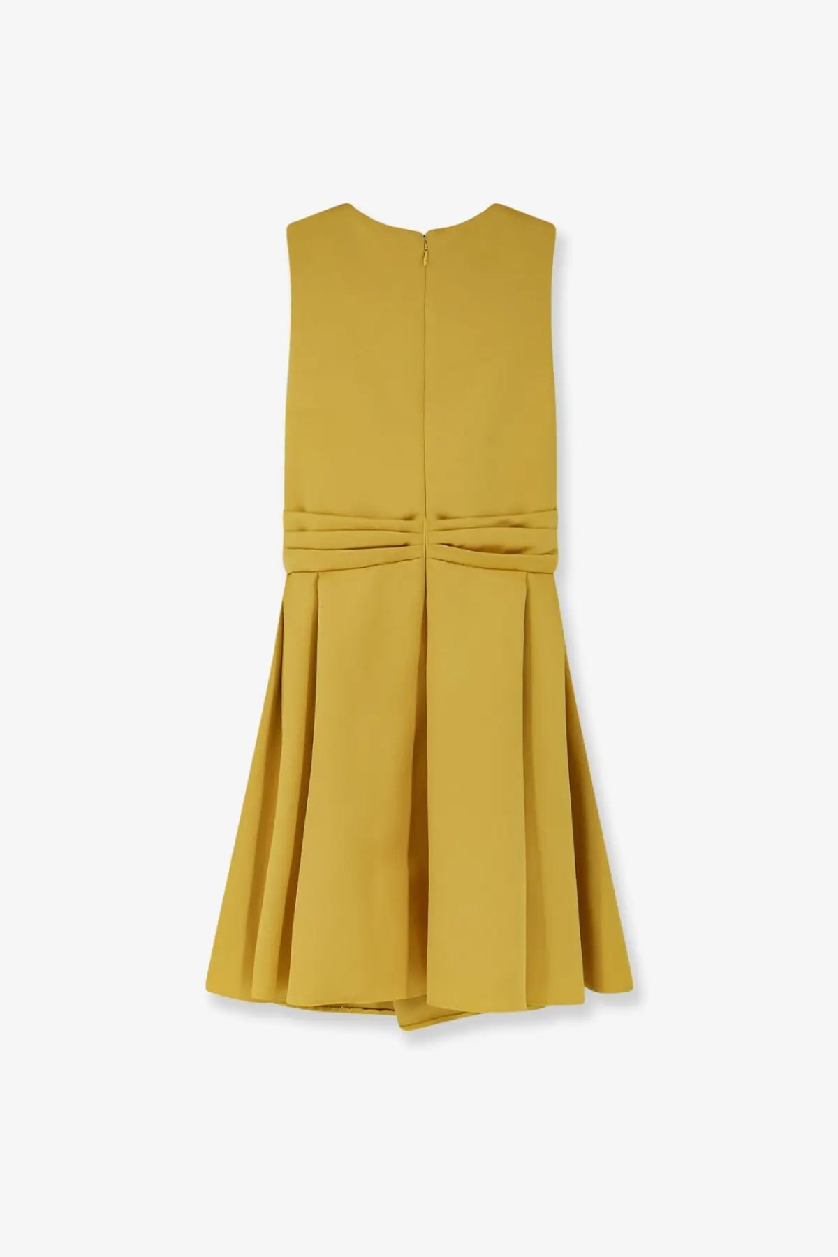 Back view of elisabetta franchi womens yellow satin mini dress with sleeveless pleated design and gathered waistband