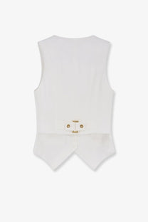 Back view of elisabetta franchi women’s white linen and viscose sleeveless vest with gold toned buckle
