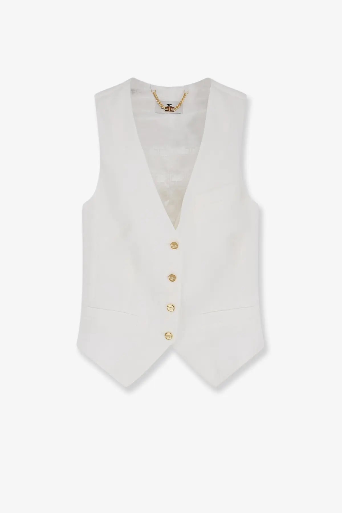 Elisabetta Franchi women’s white linen and viscose tailored vest with gold-tone buttons and subtle v-neckline