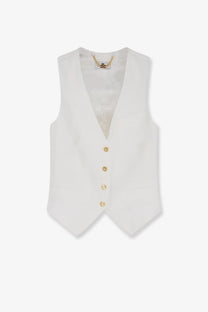 Elisabetta Franchi women’s white linen and viscose tailored vest with gold-tone buttons and subtle v-neckline