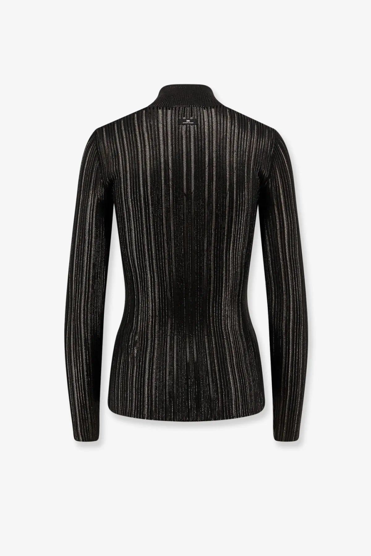 Elisabetta Franchi women’s black ribbed knit turtleneck sweater with subtle vertical metallic shimmering stripes