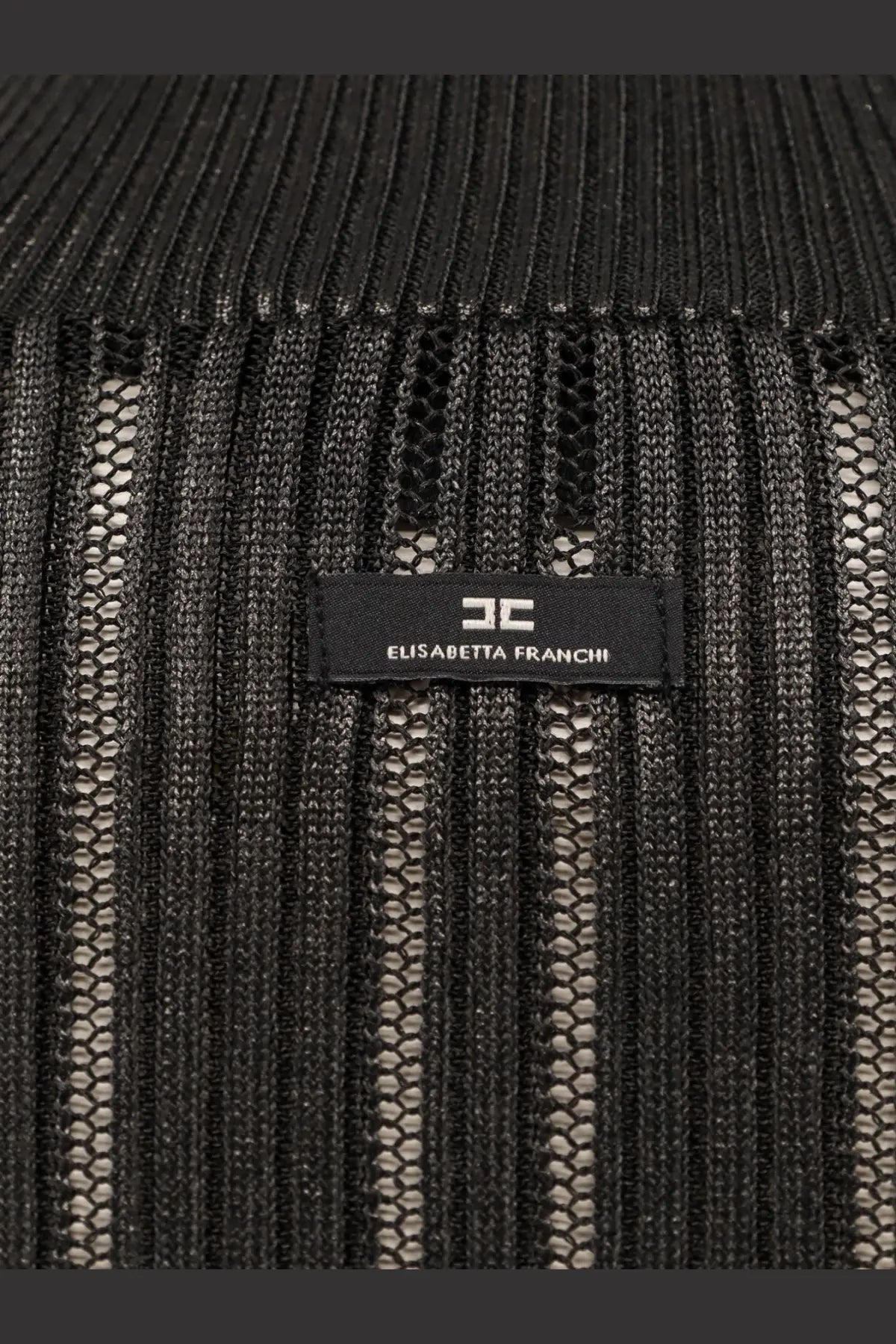 Elisabetta Franchi women’s black ribbed knit turtleneck sweater with metallic fabric and mesh detailing