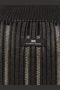 Elisabetta Franchi women’s black ribbed knit turtleneck sweater with metallic fabric and mesh detailing