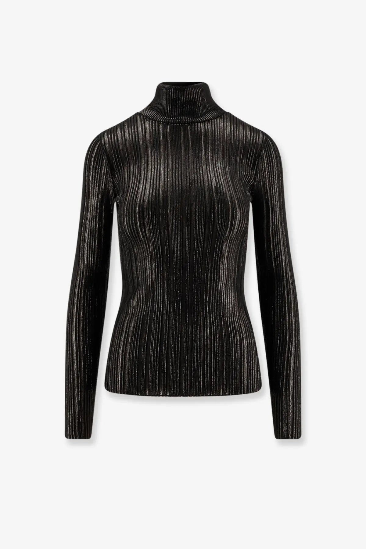 Elisabetta Franchi women’s black ribbed metallic fabric turtleneck sweater with subtle shimmering texture
