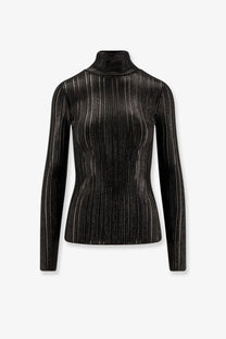 Elisabetta Franchi women’s black ribbed metallic fabric turtleneck sweater with subtle shimmering texture