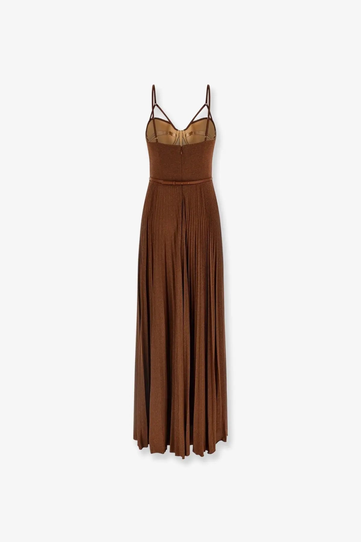 Elisabetta Franchi women’s red carpet laminated long beige dress with brown pleated maxi skirt and thin spaghetti straps