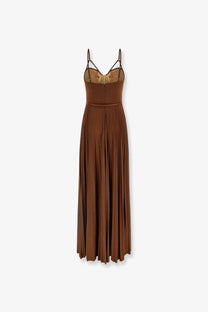 Elisabetta Franchi women’s red carpet laminated long beige dress with brown pleated maxi skirt and thin spaghetti straps