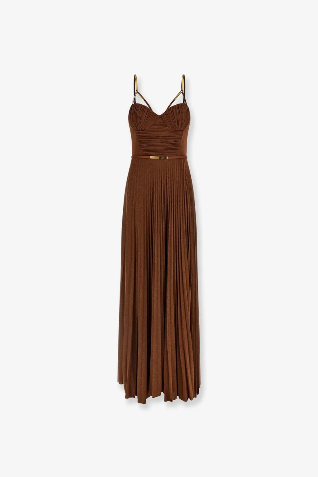 Elisabetta Franchi women’s red carpet laminated beige maxi dress with brown pleats gold-tone straps and metallic belt