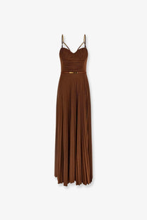 Elisabetta Franchi women’s red carpet laminated beige maxi dress with brown pleats gold-tone straps and metallic belt
