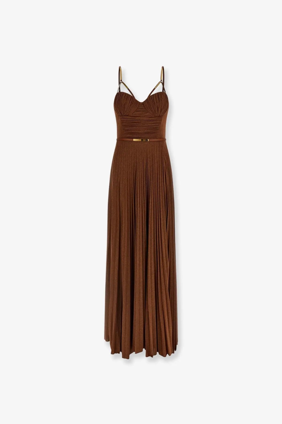 Elisabetta Franchi women’s beige brown pleated maxi dress with gold-tone straps and metallic belt for red carpet events