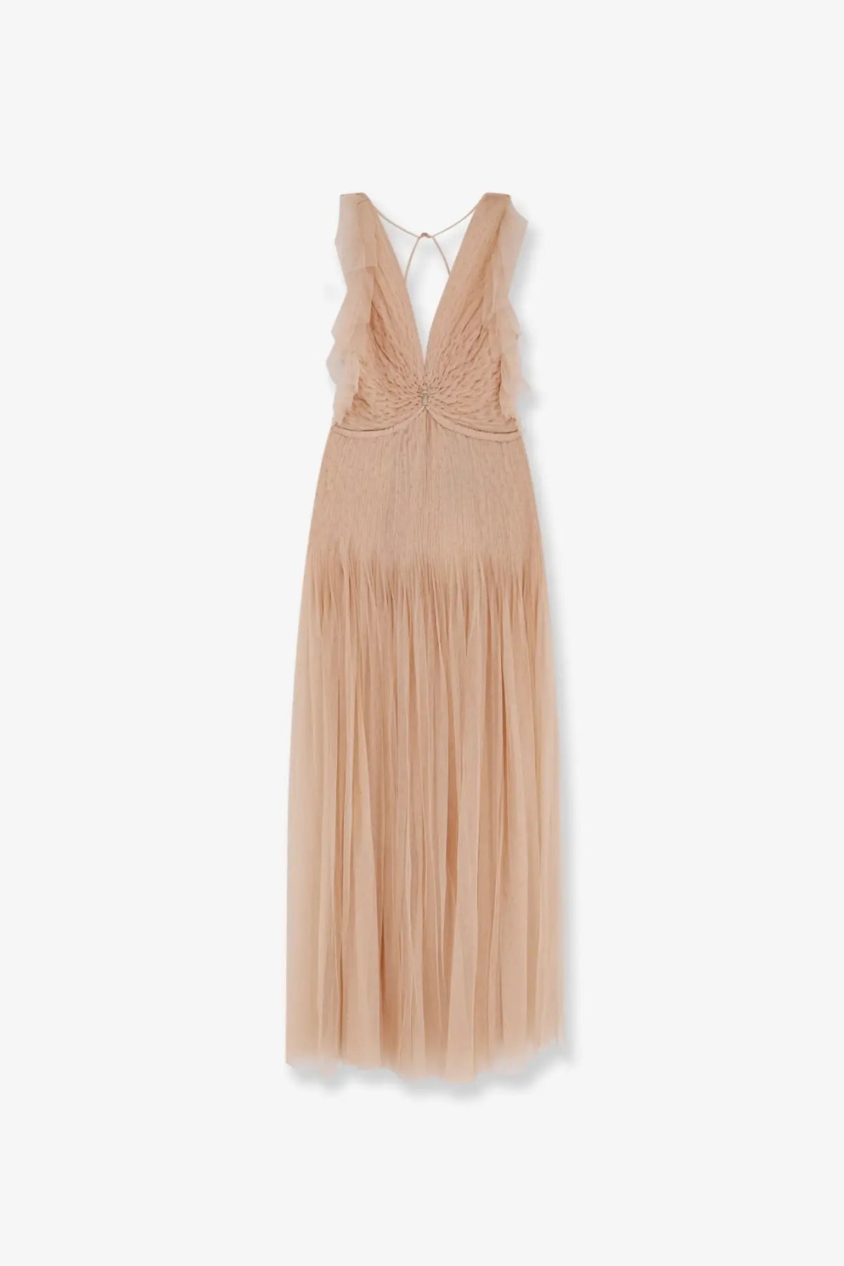 Elisabetta Franchi women’s red carpet long dress beige delicate tulle maxi with ruched bodice and pleated skirt