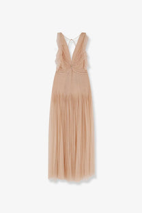 Elisabetta Franchi women’s red carpet long dress beige delicate tulle maxi with ruched bodice and pleated skirt
