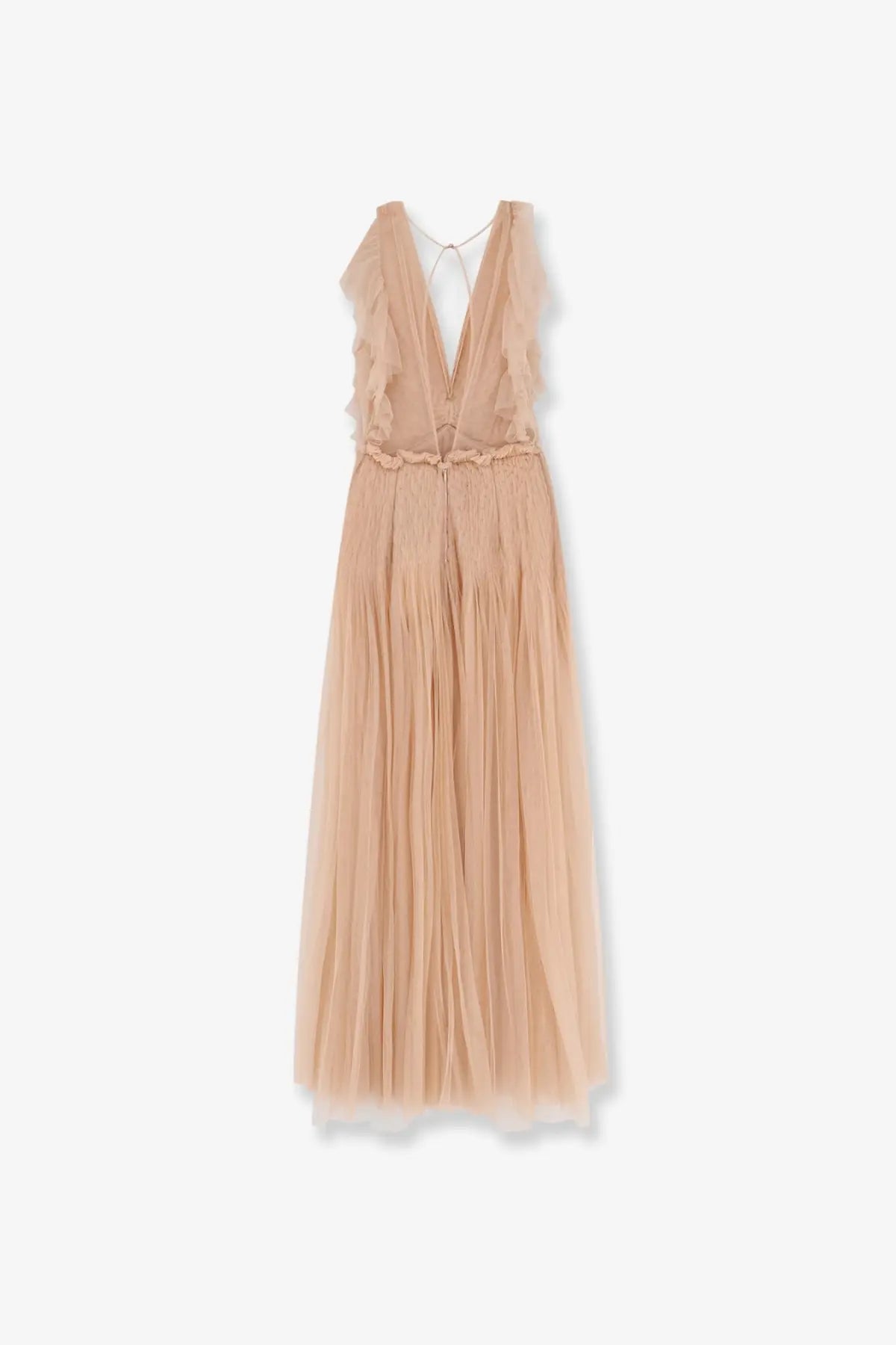 Elisabetta Franchi women’s red carpet long dress beige flowing tulle maxi with deep v-neckline and ruffled shoulder straps