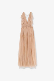Elisabetta Franchi women’s red carpet long dress beige flowing tulle maxi with deep v-neckline and ruffled shoulder straps