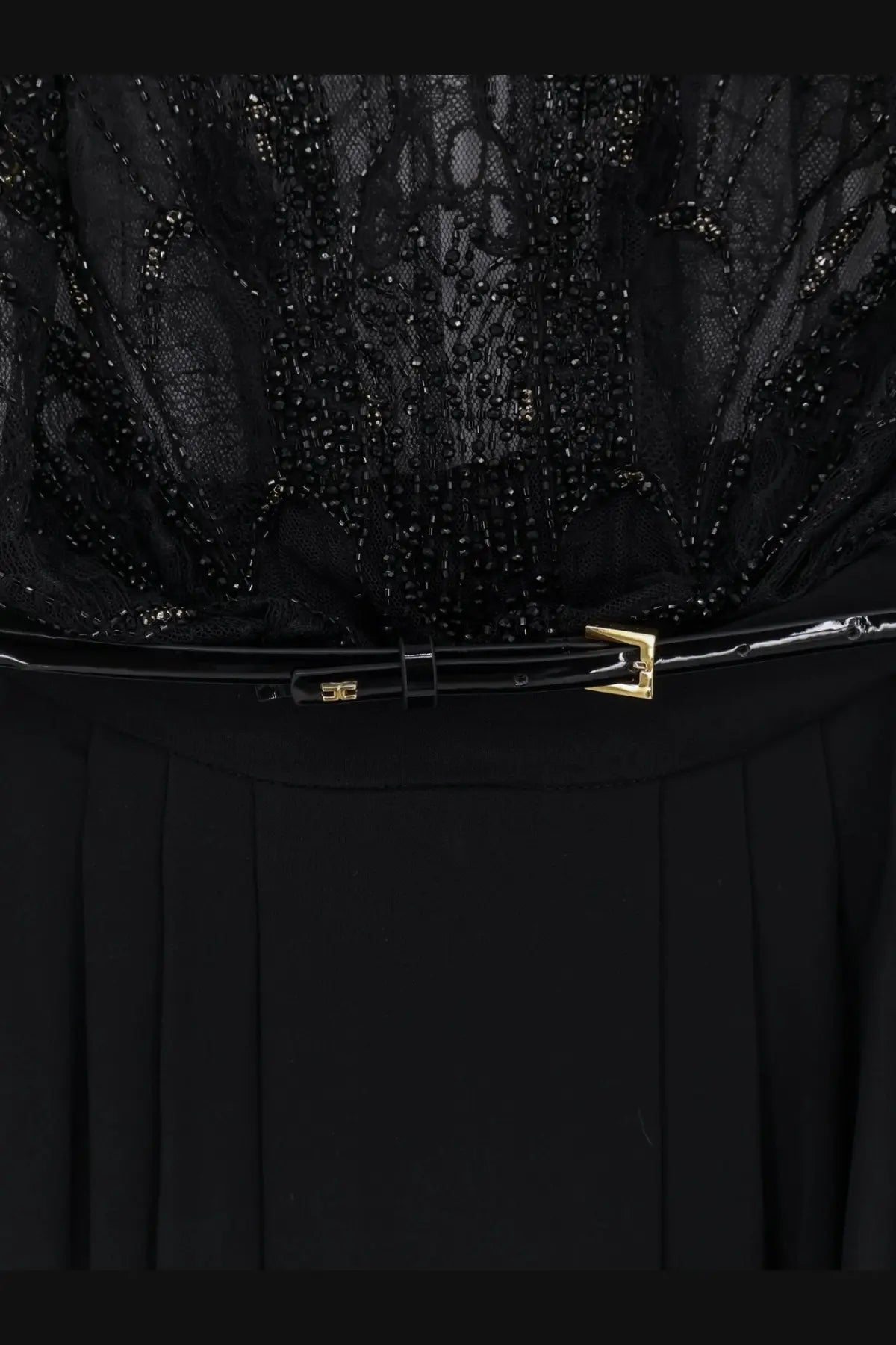 Black patent leather belt with gold tone buckle and elisabetta franchi logo detail for womens red carpet dress