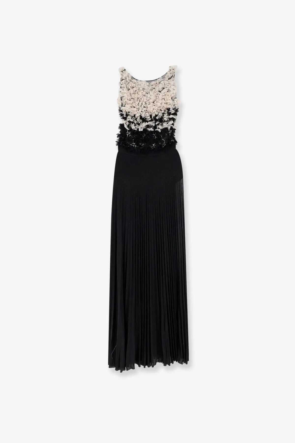 Elisabetta Franchi women’s red carpet black pleated maxi dress with beaded ombre cream to black textured bodice