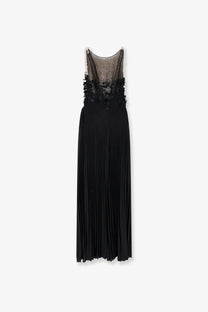 Elisabetta Franchi women’s black pleated maxi dress with sheer lace back and floral embellishments shown from the back