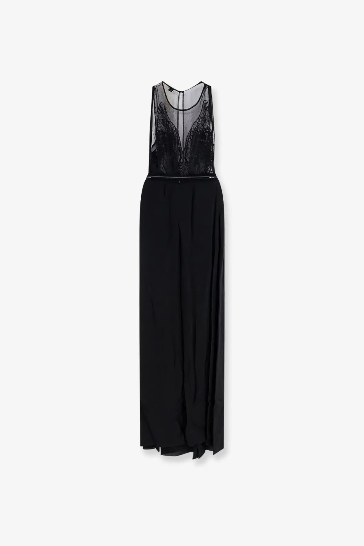 Elisabetta Franchi women’s black sleeveless red carpet long dress with sheer lace bodice and flowing satin skirt