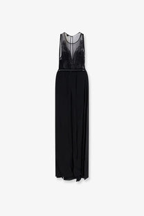Elisabetta Franchi women’s black sleeveless red carpet long dress with sheer lace bodice and flowing satin skirt