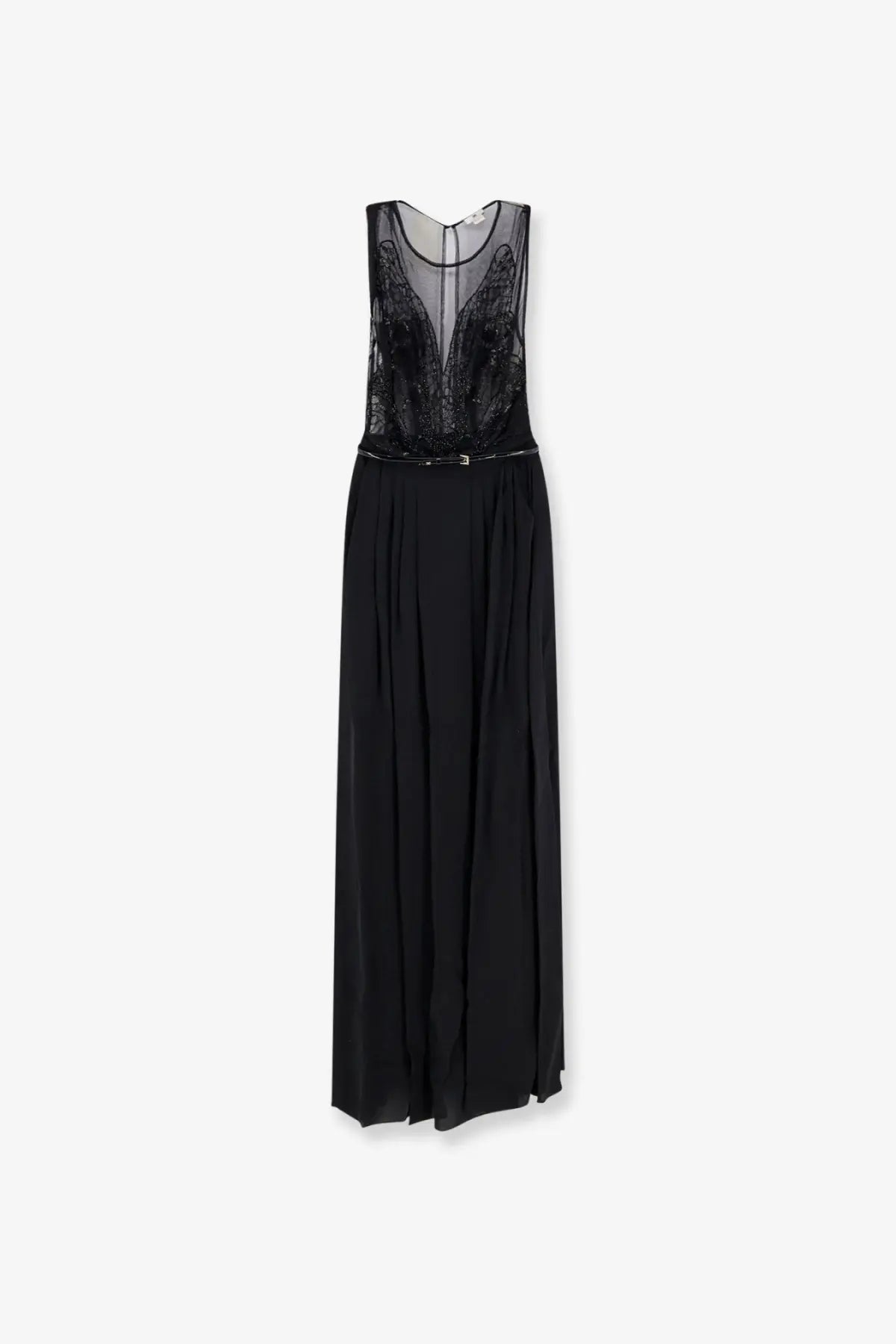 Elisabetta Franchi women’s red carpet long dress in black sleeveless chiffon with sheer lace bodice