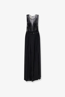 Elisabetta Franchi women’s red carpet long dress in black sleeveless chiffon with sheer lace bodice