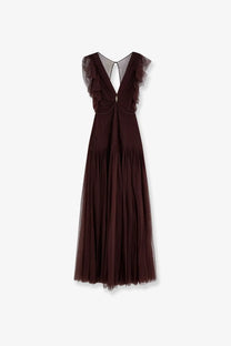 Elisabetta franchi women’s red carpet long dress brown shown from back with flowing deep burgundy tulle and ruffled cap sleeves