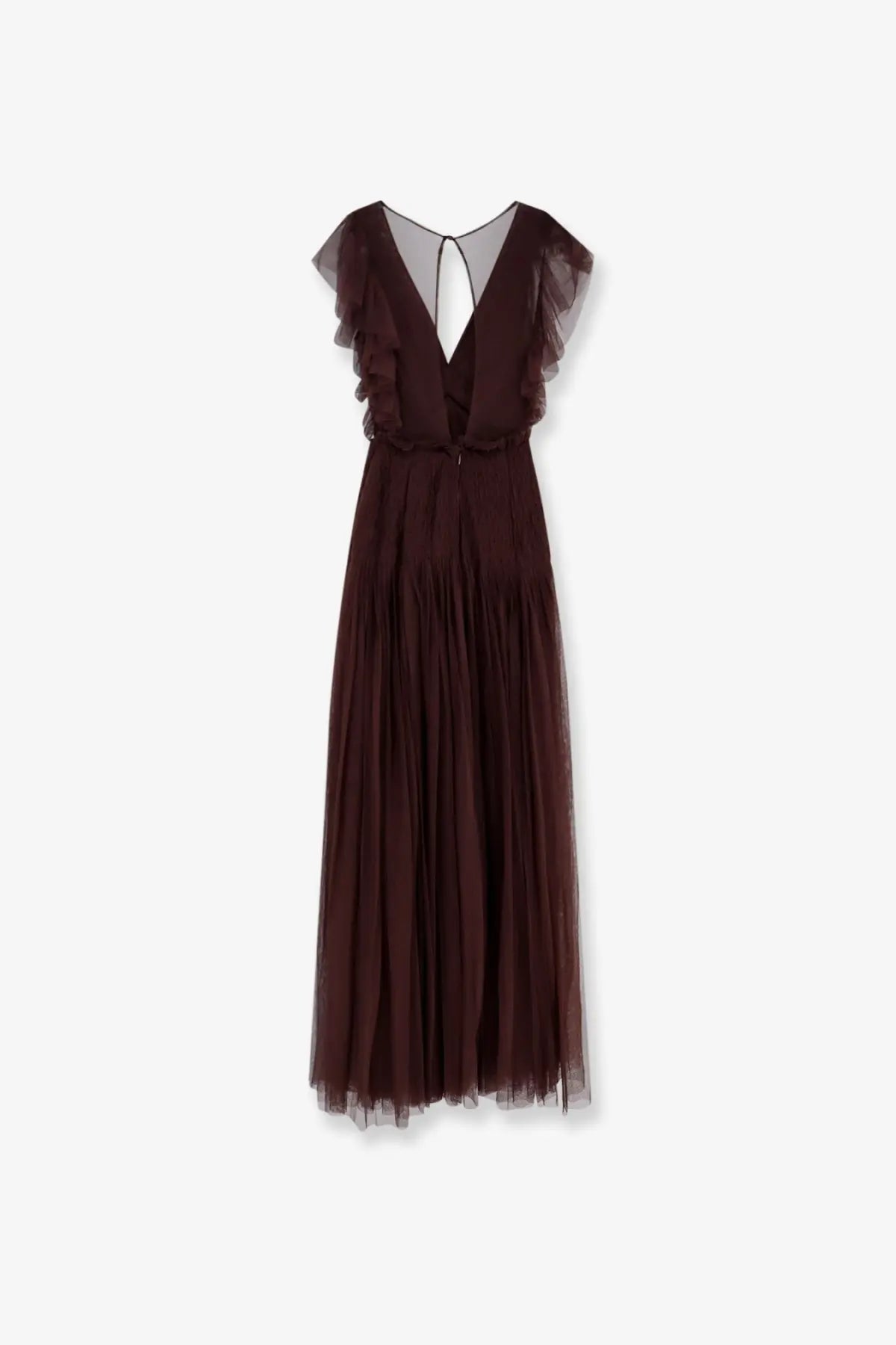 Back view of elisabetta franchi womens deep burgundy tulle maxi dress with ruffled cap sleeves and plunging neckline