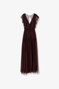 Back view of elisabetta franchi womens deep burgundy tulle maxi dress with ruffled cap sleeves and plunging neckline