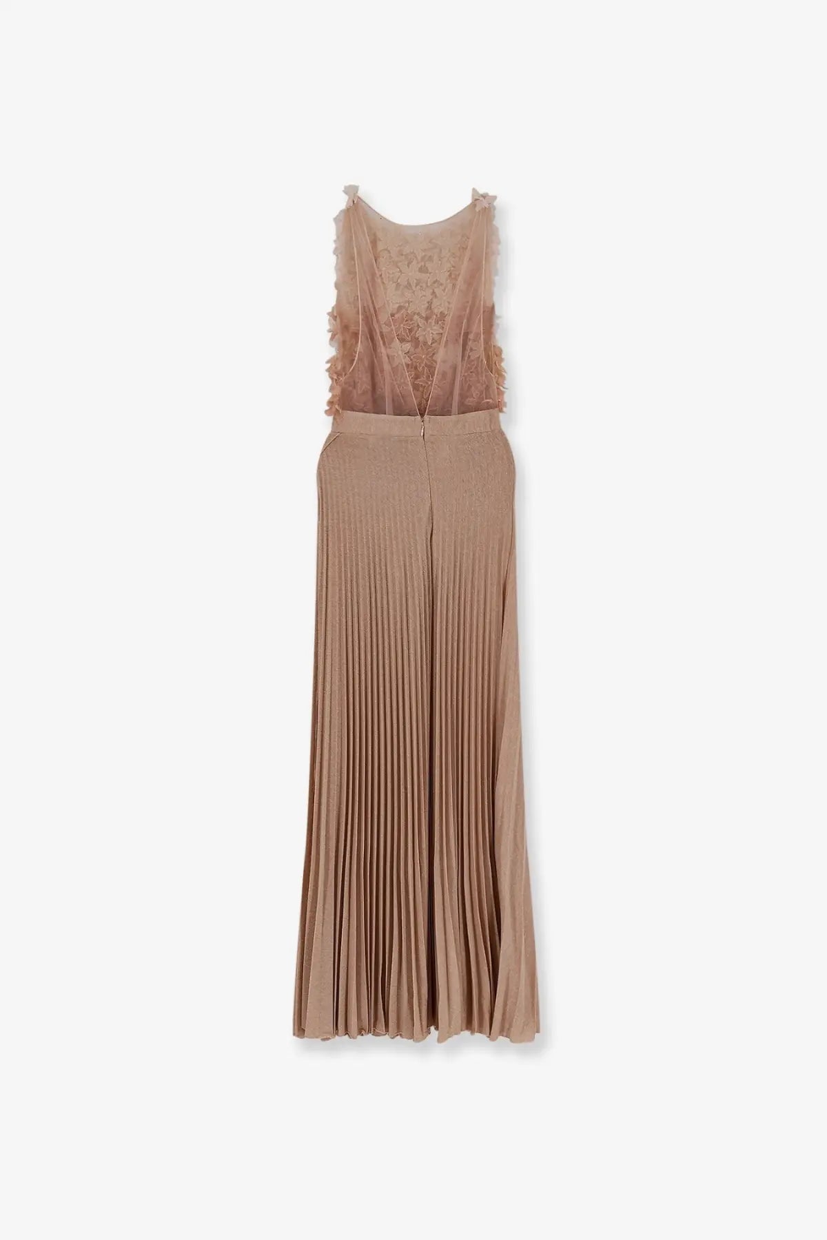 Elisabetta Franchi taupe pleated maxi dress with sheer lace bodice and ruffled details for red carpet events